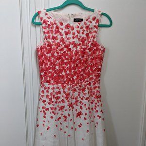 Tahari cocktail semi-formal dress, pinkish-red and white petal print, size